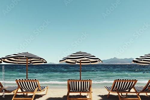 Relaxing Beach Chairs Under Striped Umbrellas Near the Calm Ocean on a Sunny Day
