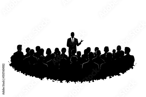 Citizen speaking during town meeting, black vector graphic