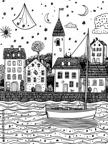 Coastal town affected by tides, black vector graphic