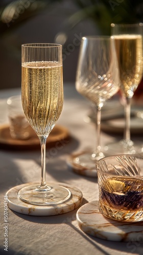 Elegant Sparkling Drinks Set on a Marble Tabletop in a Warm, Sunny Atmosphere...