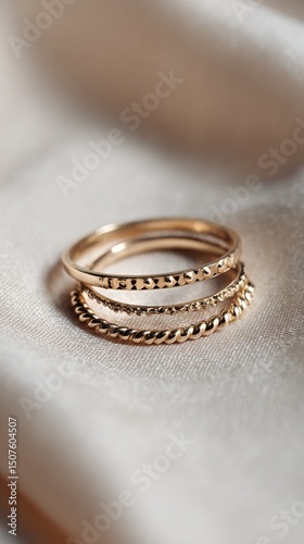 Elegant Gold Rings Stacked on Soft Fabric Showcasing Intricate Designs and Te...