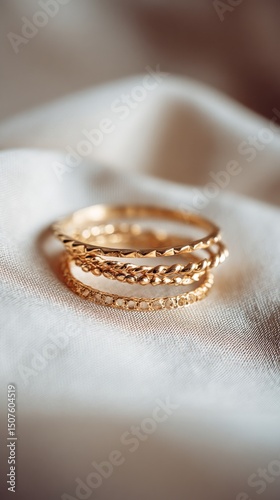 Elegant Gold Rings Stacked on Soft Fabric Showcasing Intricate Designs and Te...