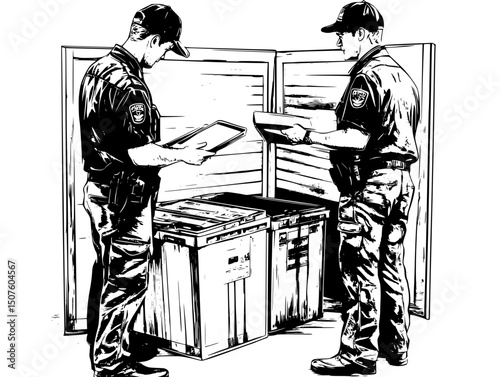 Customs officials examining suspicious crates, vector design