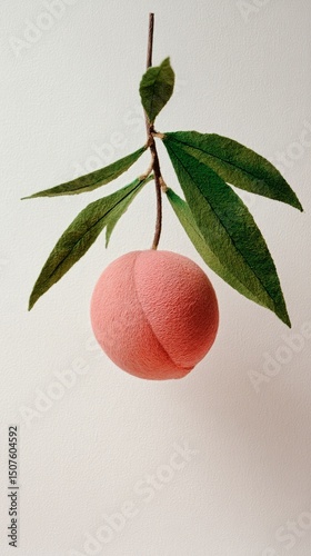Fresh Peach Hanging From a Branch With Green Leaves in Bright Light Setting