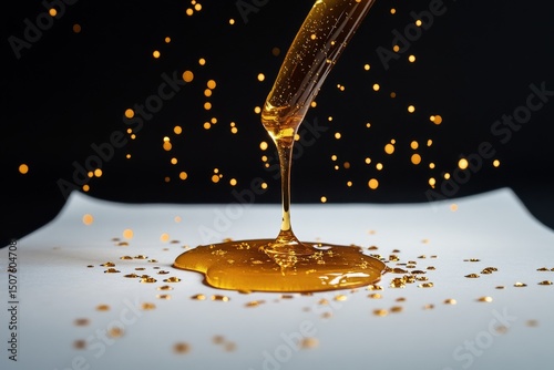 Golden Honey Drizzling From a Honey Dipper on a Gray Surface With Sparkling D...