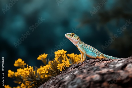 Colorful Lizard Basking on a Branch Near Vibrant Yellow Flowers in a Natural ...