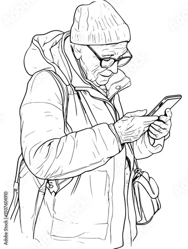 Elder guarding wallet from phone caller, vector design