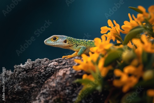 Colorful Lizard Basking on a Branch Near Vibrant Yellow Flowers in a Natural ...