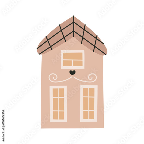 A hand-drawn naive style house with a pink exterior. It features a triangular roof with black lines, two windows, and a heart-shaped detail above the door.