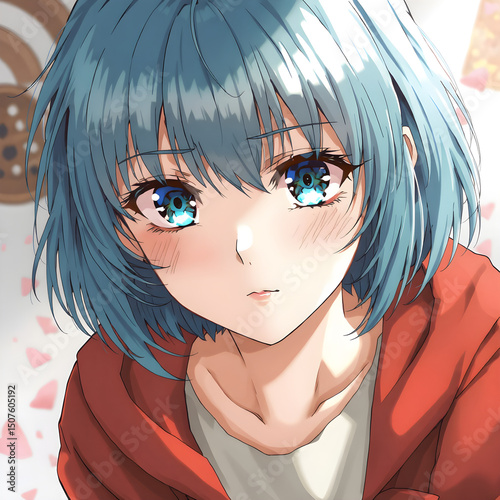 Retrato de chica manga con ojos y pelo azul celeste