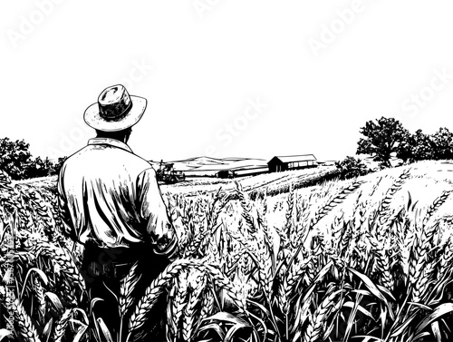 Farmer watching imported grain arrive, black vector graphic