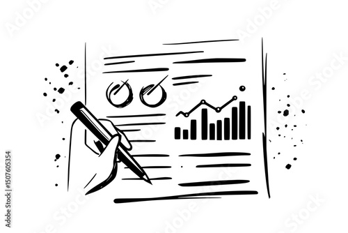 Financial statements being analyzed, black vector graphic