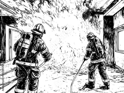 Firefighters battling massive blaze, vector design