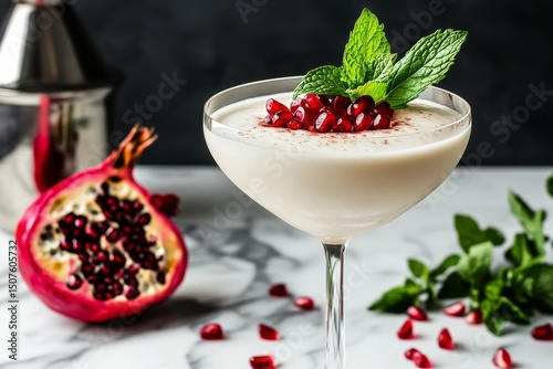 Elegant Pomegranate Cocktail Garnished With Mint on Marble Table With Decorat...