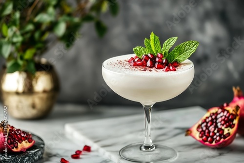 Elegant Pomegranate Cocktail Garnished With Mint on Marble Table With Decorat...