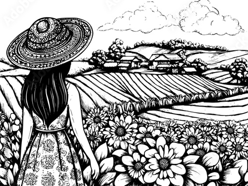 Indigenous communities beside plantation boundary, black vector graphic