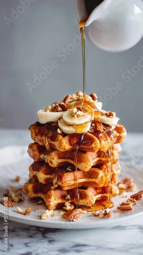 Delicious Stack of Waffles Topped With Bananas and Drizzled With Syrup in a C...