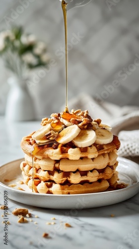 Delicious Stack of Waffles Topped With Sliced Bananas and Nuts Drizzled With ...