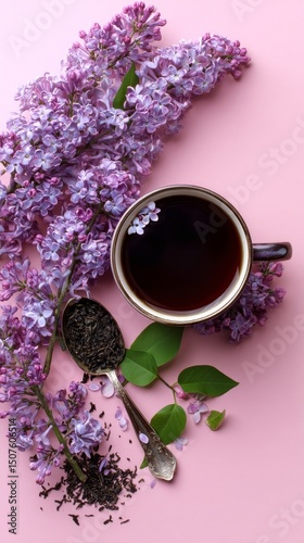 Hot Beverage With Lilac Flowers and Loose Tea Leaves on a Pastel Background
