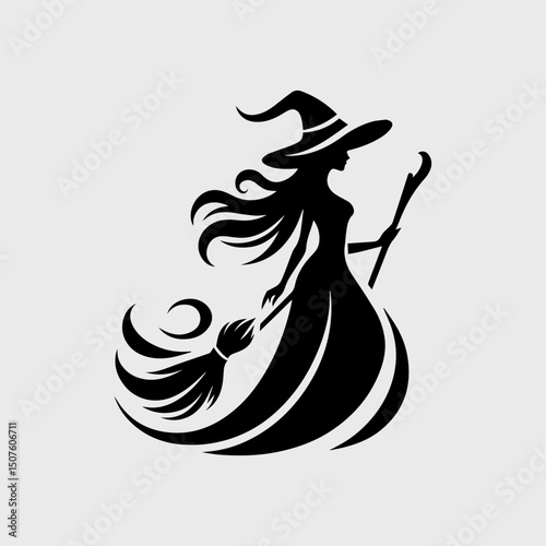 Elegant black silhouette of a standing witch holding a broom. Halloween fantasy concept