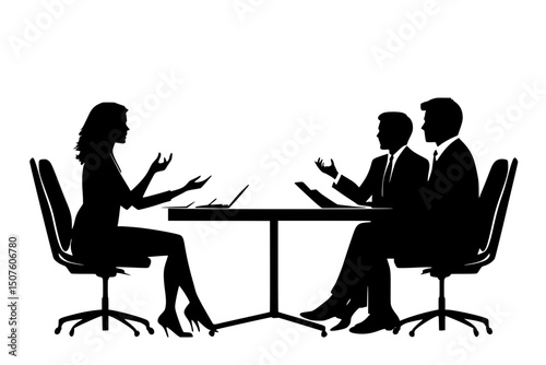 Negotiators arguing across meeting table, black vector graphic