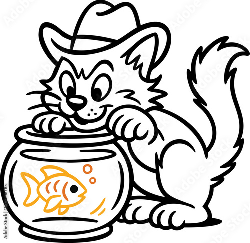 Mischievous Cowboy Hat Cat Watches Fish, Plans Sneaky Catch – Playful Feline’s Unexpected Aquarium Adventure!