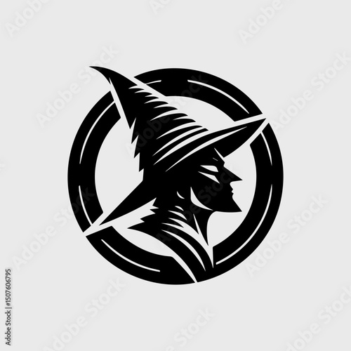 Intriguing black silhouette of a witch's head within a circular magical frame. Fantasy concept