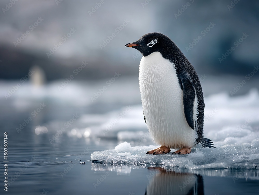 Naklejka premium Antarctic sentinel a penguin on ice