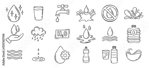 Water doodle hand drawn icons set. Water drawing sketch signs 