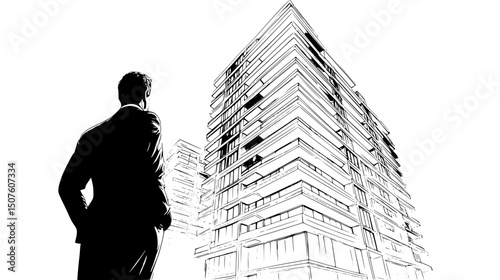 Property investor examining apartment building, black vector graphic