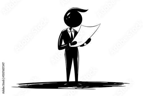 Puppet journalist reading from script, black vector graphic