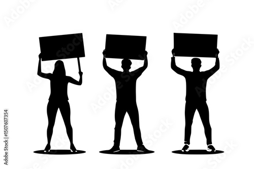 Protesters holding signs in plaza, vector design