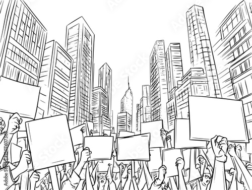 Protesters holding signs in plaza, vector illustration art