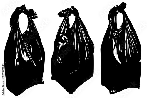 Reusable cloth bags replacing plastic, black vector graphic