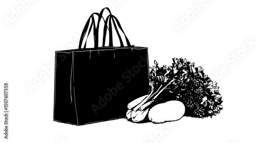 Reusable shopping bags at farmers market, vector graphic