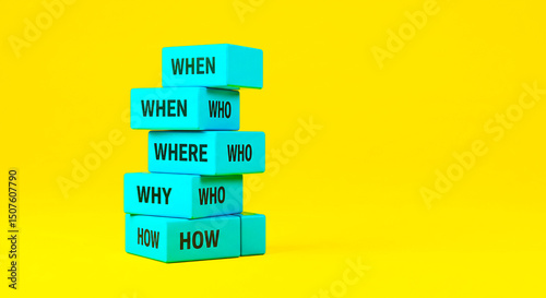Stack of blue blocks with when where why how and who questions on a yellow background in studio shot