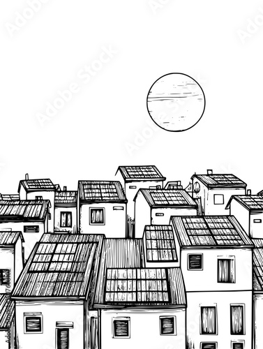 Solar panels covering suburban neighborhood rooftops, vector design