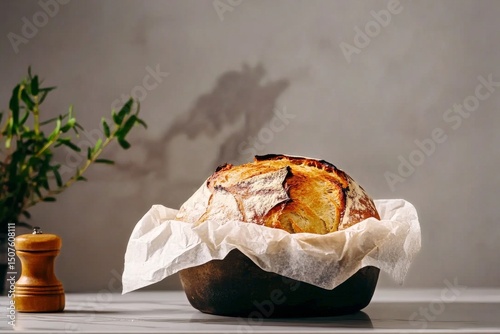 Freshly Baked Artisan Bread on a Marble Surface With Decorative Elements Nearby