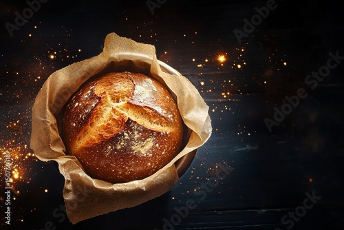 Freshly Baked Artisan Bread Resting in a Rustic Basket Surrounded by Sparkles