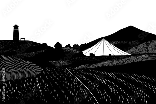 Tent camps near dried farmland, vector design