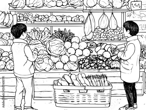 Village market selling foreign produce, vector illustration