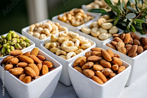 Diverse Assortment of Nuts Displayed in Ceramic Bowls on a Table Under Natura...