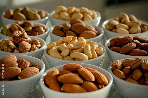 Variety of Nuts Displayed in White Bowls on a Neutral Background for a Health...