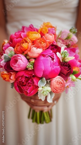 Elegant Bridal Bouquet Featuring Vibrant Pink Peonies and Assorted Flowers at...