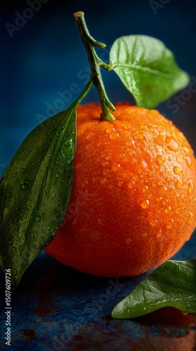 Fresh Orange With Water Droplets and Green Leaves on a Blue Background