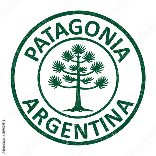Stamp Patagonia Argentina, grunge rubber stamp from Argentina with araucaria pine tree on transparent background, vector illustration green