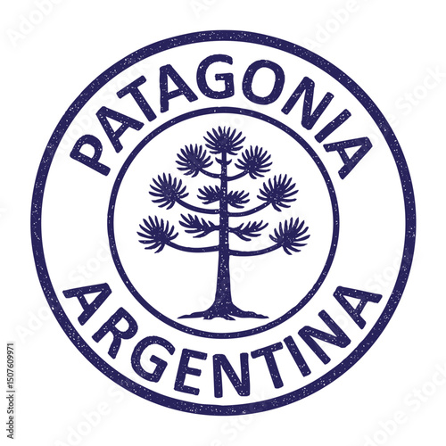 Stamp Patagonia Argentina, grunge rubber stamp from Argentina with araucaria pine tree on transparent background, vector illustration blue