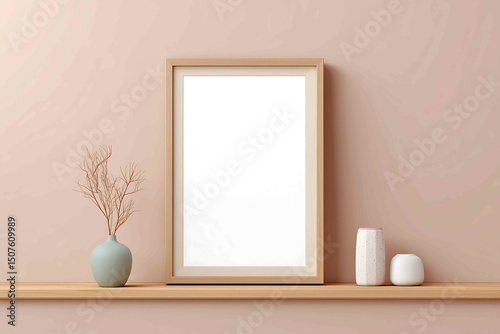 picture of a blank dusty rose wall with a blank picture frame in the centre the picture frame has a wooden frame