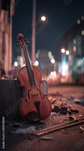 Violin Resting on the Sidewalk Under City Lights at Night