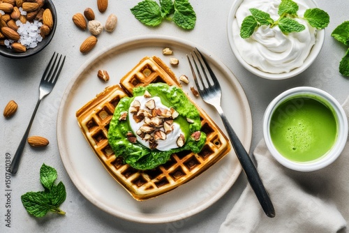 Delicious Green Waffle Topped With Yogurt, Nuts, and Mint in a Bright Kitchen...